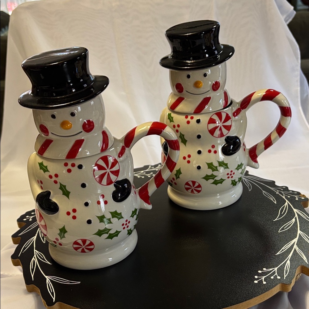 Festive Snowman Holiday Mugs - Red, Green, Black, White